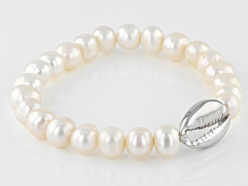 7-8mm White Cultured Freshwater Pearl Rhodium Over Sterling Silver Stretch Bracelet