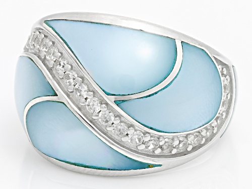 Blue South Sea Mother-Of-Pearl and White Zircon Rhodium Over Sterling Silver Ring - Size 6