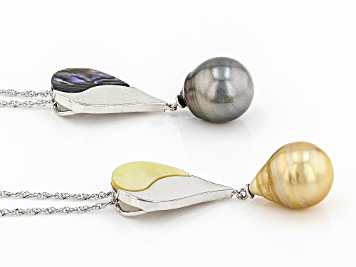 Cultured South Sea & Tahitian Pearl, Mother-of-Pearl & Abalone Shell Rhodium Over Silver Pendant Set