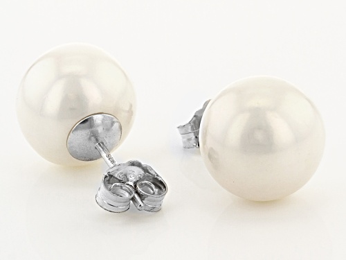 10-11mm White Cultured Freshwater Pearl Rhodium Over Sterling Silver Stud Earrings