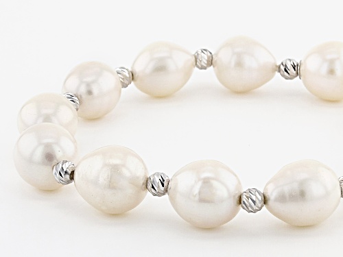 10.5-11.5mm White Cultured Freshwater Pearl Rhodium Over Sterling Silver Stretch Bracelet - Size 7.5