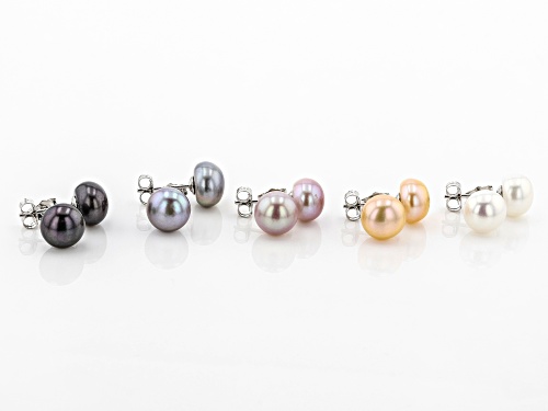 9-10mm Multi-Color Cultured Freshwater Pearl Rhodium Over Sterling Silver Stud Earrings Set of 5