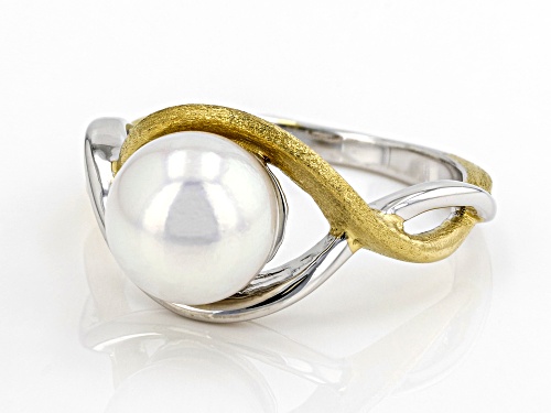 8mm White Cultured Japanese Akoya Pearl Rhodium & 18k Yellow Gold Over Sterling Silver Ring - Size 10