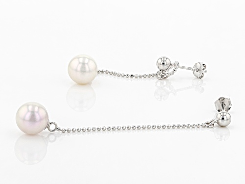 8-8.5mm White Cultured Japanese Akoya Pearl Rhodium Over Sterling Silver Dangle Earrings
