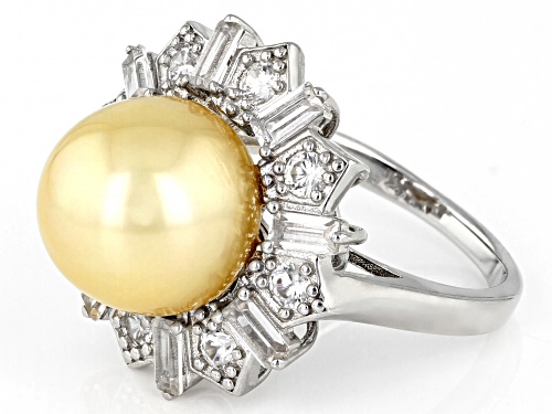 11mm Golden Cultured South Pearl & 1.80ctw White Zircon Rhodium Over Sterling Silver Ring - Size 12