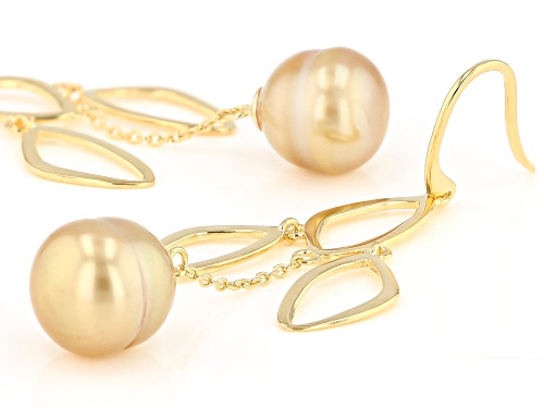 10-11mm Golden Cultured South Sea Pearl 18k Yellow Gold Over Sterling Silver Dangle Earrings