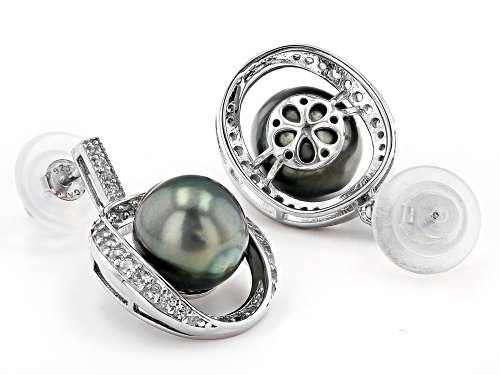 9-10mm Cultured Tahitian Pearl & 0.95ctw White Zircon Rhodium Over Sterling Silver Earrings