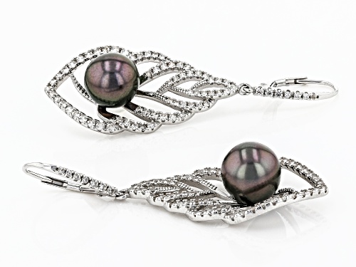 10-11mm Cultured Tahitian Pearl & 2.05ctw White Zircon Rhodium Over Sterling Silver Earrings