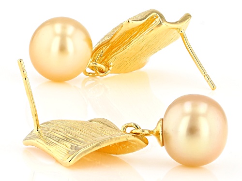 10mm Golden Cultured South Sea Pearl 18k Yellow Gold Over Sterling Silver Earrings