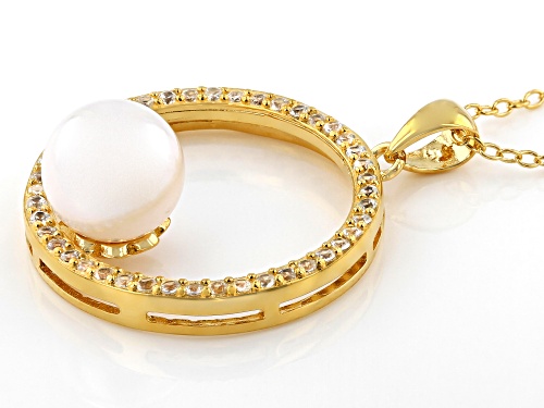 8-8.5mm White Cultured Japanese Akoya Pearl & White Zircon 14k Yellow Gold Over Silver Pendant