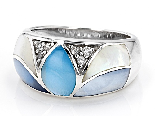 Blue & White South Sea Mother-of-Pearl Rhodium Over Sterling Silver Ring - Size 7