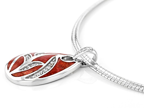 Red Sponge Coral & 0.24ctw White Zircon Rhodium Over Sterling Silver Pendant With Chain