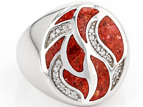 Red Sponge Coral & White Zircon Rhodium Over Sterling Silver Ring - Size 6