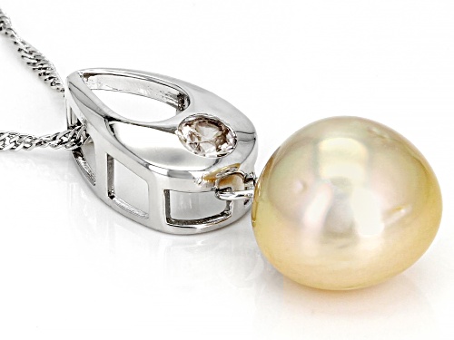 12-13mm Golden Cultured South Sea Pearl & Zircon Rhodium Over Sterling Silver Pendant With Chain