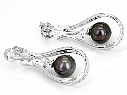 9-10mm Cultured Tahitian Pearl & White Zircon 0.40ctw Rhodium Over Sterling Silver Earrings