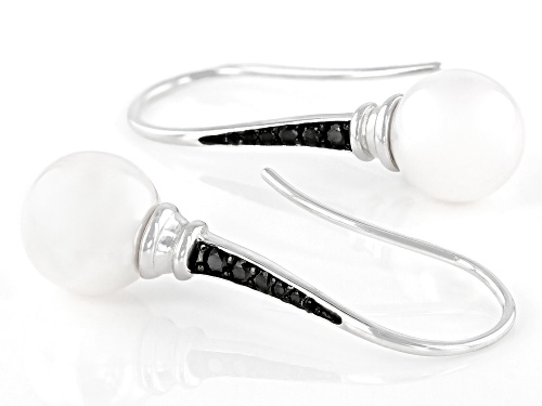 8mm White Cultured Japanese Akoya Pearl & Black Spinel Rhodium Over Sterling Silver Earrings