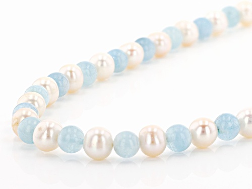 White Cultured Freshwater Pearl & Aquamarine Rhodium Over Silver Necklace, Bracelet, & Earrings Set