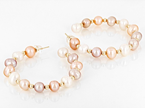 6-7mm Multi-Color Cultured Freshwater Pearl 14k Yellow Gold Hoop Earrings