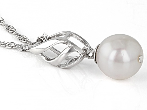 8mm White Cultured Japanese Akoya Pearl Rhodium Over Sterling Silver Pendant With Chain