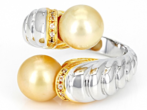 9-10mm Golden Cultured South Sea Pearl & White Topaz Rhodium & 14k Yellow Gold Over Silver Ring - Size 10