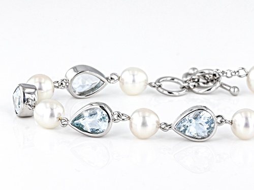 6-6.5mm White Cultured Freshwater Pearl & Aquamarine Rhodium Over Silver 7.5 Inch Bracelet - Size 7.5