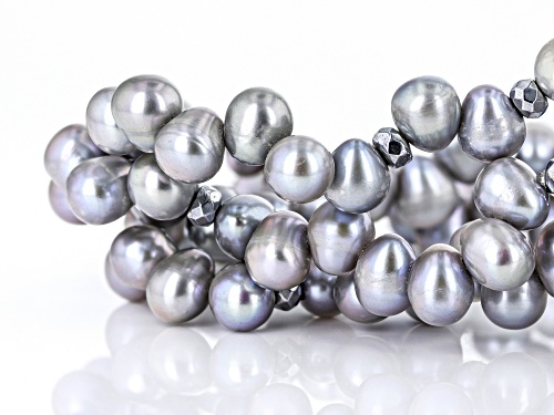 4-5mm Platinum Cultured Freshwater Pearl With Hematine Stretch Bracelet Set Of 3