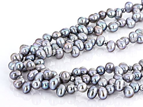 4-8mm Platinum Cultured Freshwater Pearl & Hematine Rhodium Over Silver Multi-Strand 20 In Necklace - Size 20