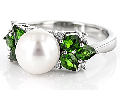 8mm White Cultured Freshwater Pearl Chrome Diopside & White Zircon Rhodium Over Silver Ring - Size 11