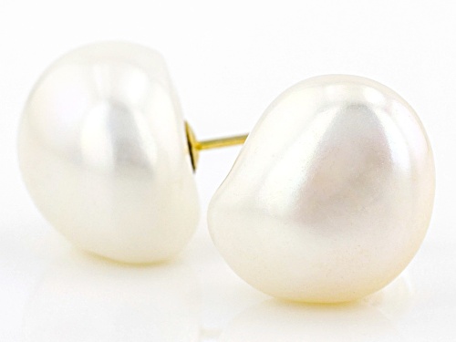 11-12mm White Cultured Freshwater Pearl 14k Yellow Gold Stud Earrings