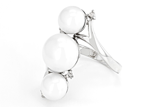 7-11mm White Cultured Freshwater Pearl with White Zircon Rhodium Over Sterling Silver Ring - Size 6