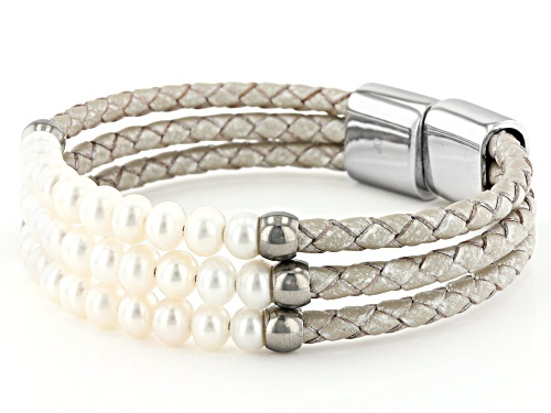 5.5mm White Cultured Freshwater Pearl Stainless Steel With Gray Imitation Leather Bracelet