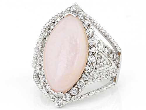 Pink Mother-of-Pearl With White Topaz & White Zircon Rhodium Over Silver Ring - Size 6