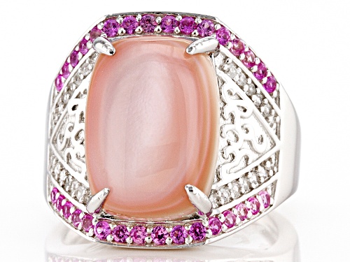 Pink Mother-Of-Pearl With Lab Pink Sapphire & White Zircon Rhodium Over Silver Ring - Size 9