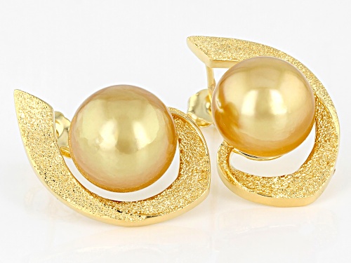 10mm Golden Cultured South Sea Pearl 18k Yellow Gold Over Sterling Silver Earrings