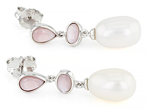 9-10mm White Cultured Freshwater Pearl & Pink Mother-Of-Pearl Rhodium Over Sterling Silver Earrings