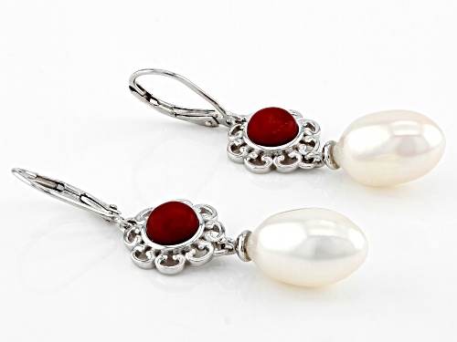 10-12mm White Cultured Freshwater Pearl & Red Bamboo Coral Rhodium Over Sterling Silver Earrings