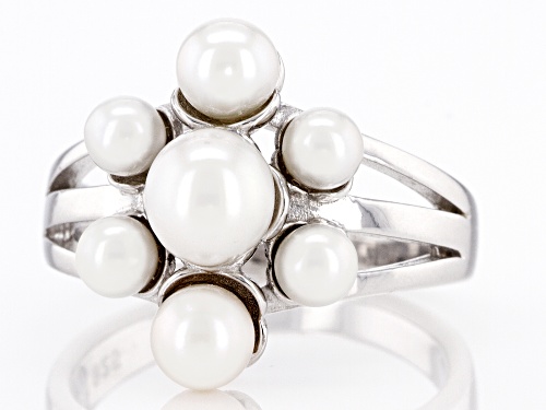 4-6mm White Cultured Freshwater Pearl Rhodium Over Sterling Silver Ring - Size 12