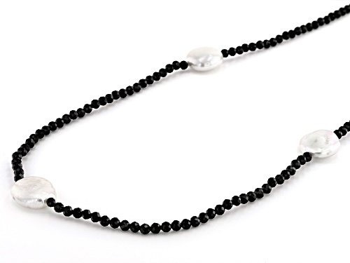13-14mm White Cultured Freshwater Pearl & Black Spinel 36 Inch Endless Necklace - Size 36
