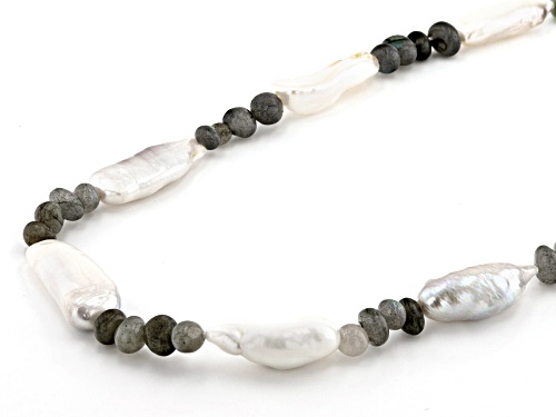 25-30mm White Cultured Freshwater Pearl & Labradorite Rhodium Over Sterling Silver 32 inch Necklace - Size 32