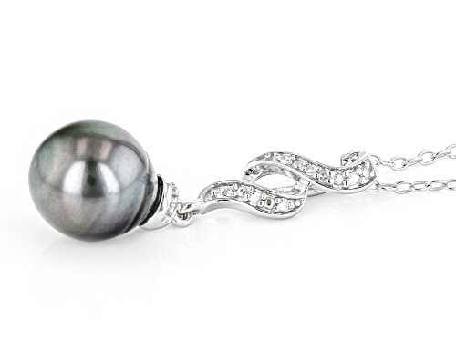 9.5-10mm Cultured Tahitian Pearl With Diamond Accent Rhodium Over Sterling Silver Pendant With Chain