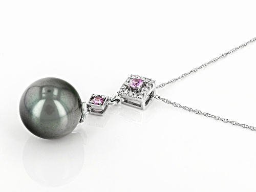 11-12mm Cultured Tahitian Pearl With Diamond & Sapphire Accent Rhodium Over 10K White Gold Pendant