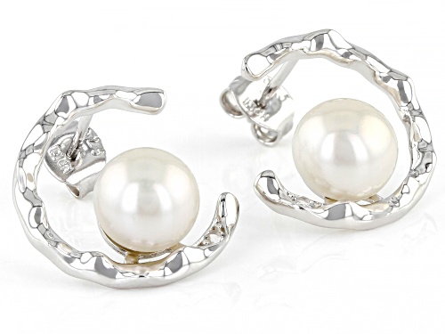 7.5-8mm White Cultured Freshwater Pearl With Lab Created Sapphire Rhodium Over Silver Earrings
