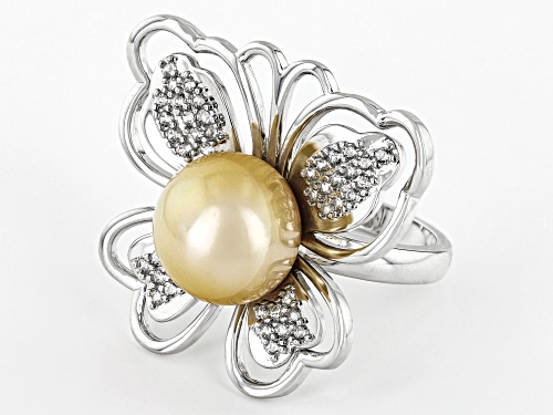 12-13mm Golden Cultured South Sea Pearl With White Zircon Rhodium Over Sterling Silver Ring - Size 12