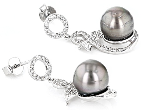 9-10mm Cultured Tahitian Pearl & White Zircon Rhodium Over Sterling Silver Earrings