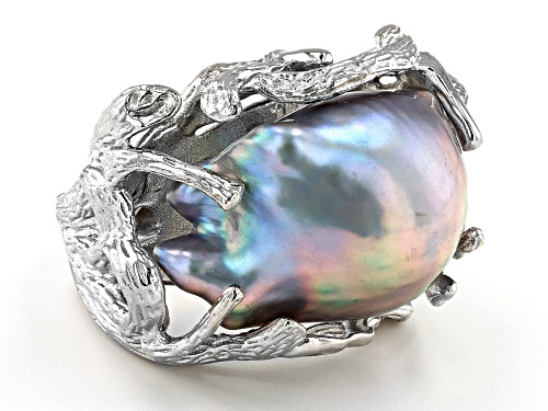Genusis™ 15mm Platinum Cultured Freshwater Pearl Rhodium Over Sterling Silver Ring - Size 7