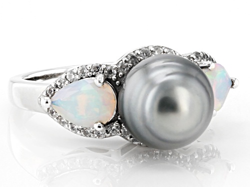 9-9.5mm Cultured Tahitian Pearl With Ethiopian Opal & White Zircon Rhodium Over Sterling Silver Ring - Size 10