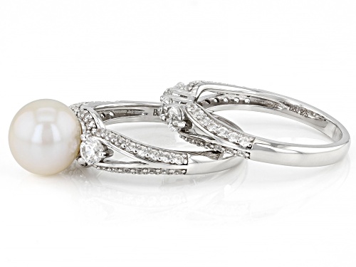 8.5mm White Cultured Freshwater Pearl & White Zircon Rhodium Over Sterling Silver Ring Set - Size 12