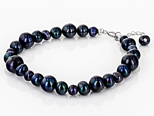4-8mm Black Cultured Freshwater Pearl Rhodium Over Sterling Silver 7.5 Inch Bracelet - Size 7.5