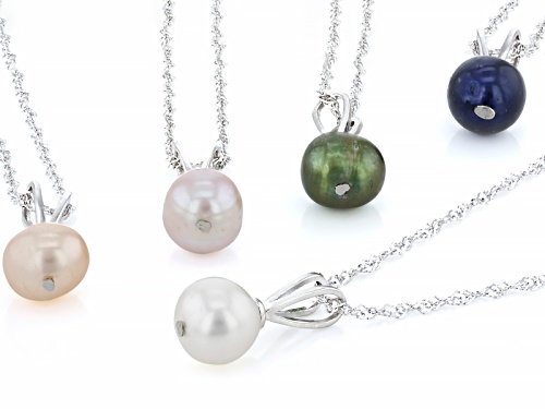 7mm Multi-Color Cultured Freshwater Pearl Rhodium Over Silver Pendant Set Of 5