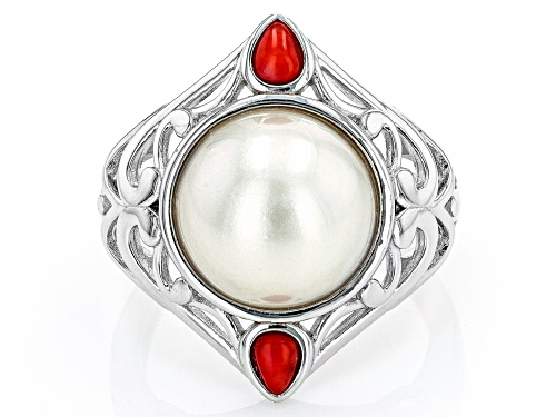 12-13mm White Cultured Mabe Pearl With Red Coral Rhodium Over Sterling Silver Ring - Size 7